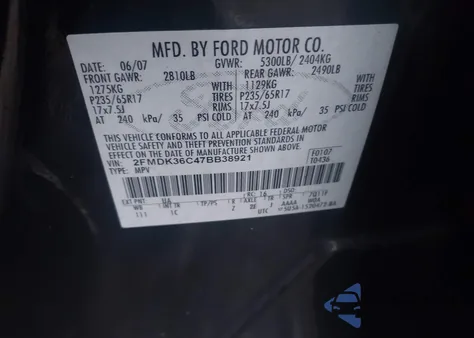2007 Ford Edge Se from USA, damaged, VIN 2FMDK36C47BB38921